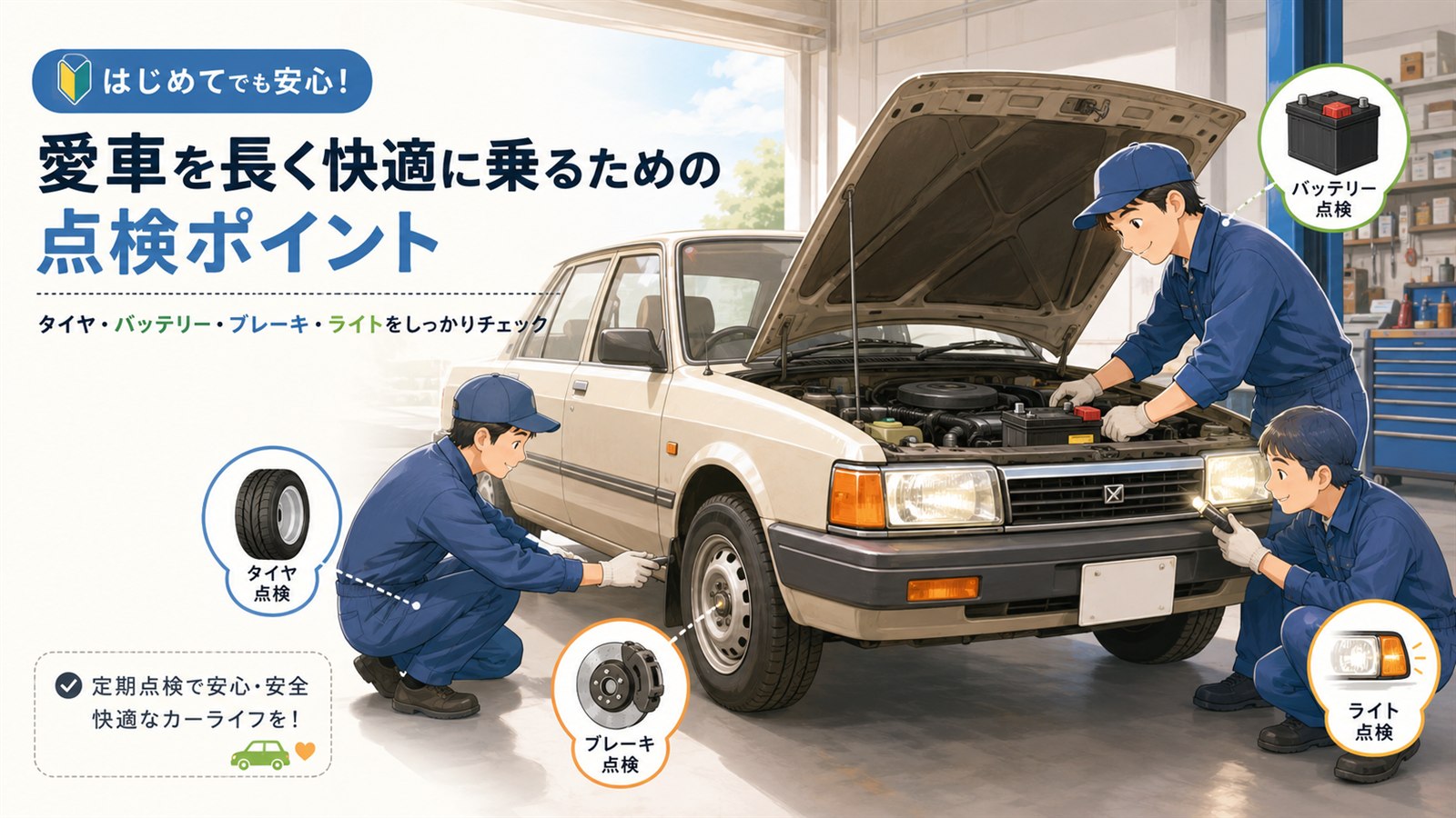 タイヤ、バッテリー、ブレーキ、ライトを整備士が点検している図解