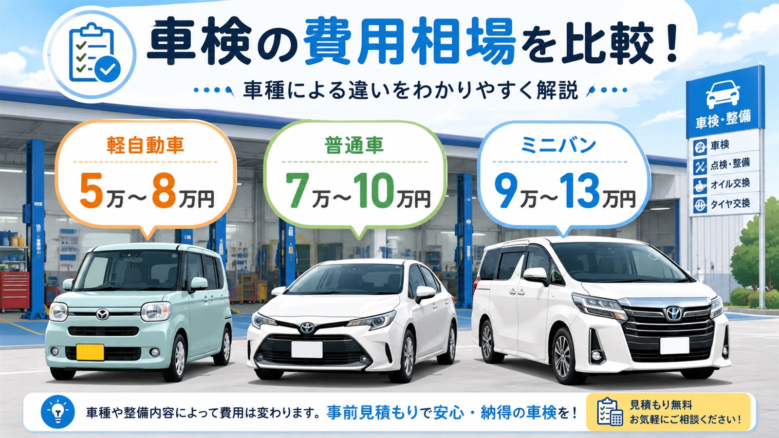軽自動車、普通車、ミニバンの車検費用相場を比較した図解