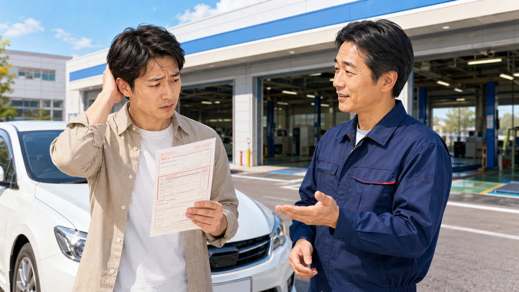 駐車違反の通知書を持って整備士に車検への影響を相談する男性
