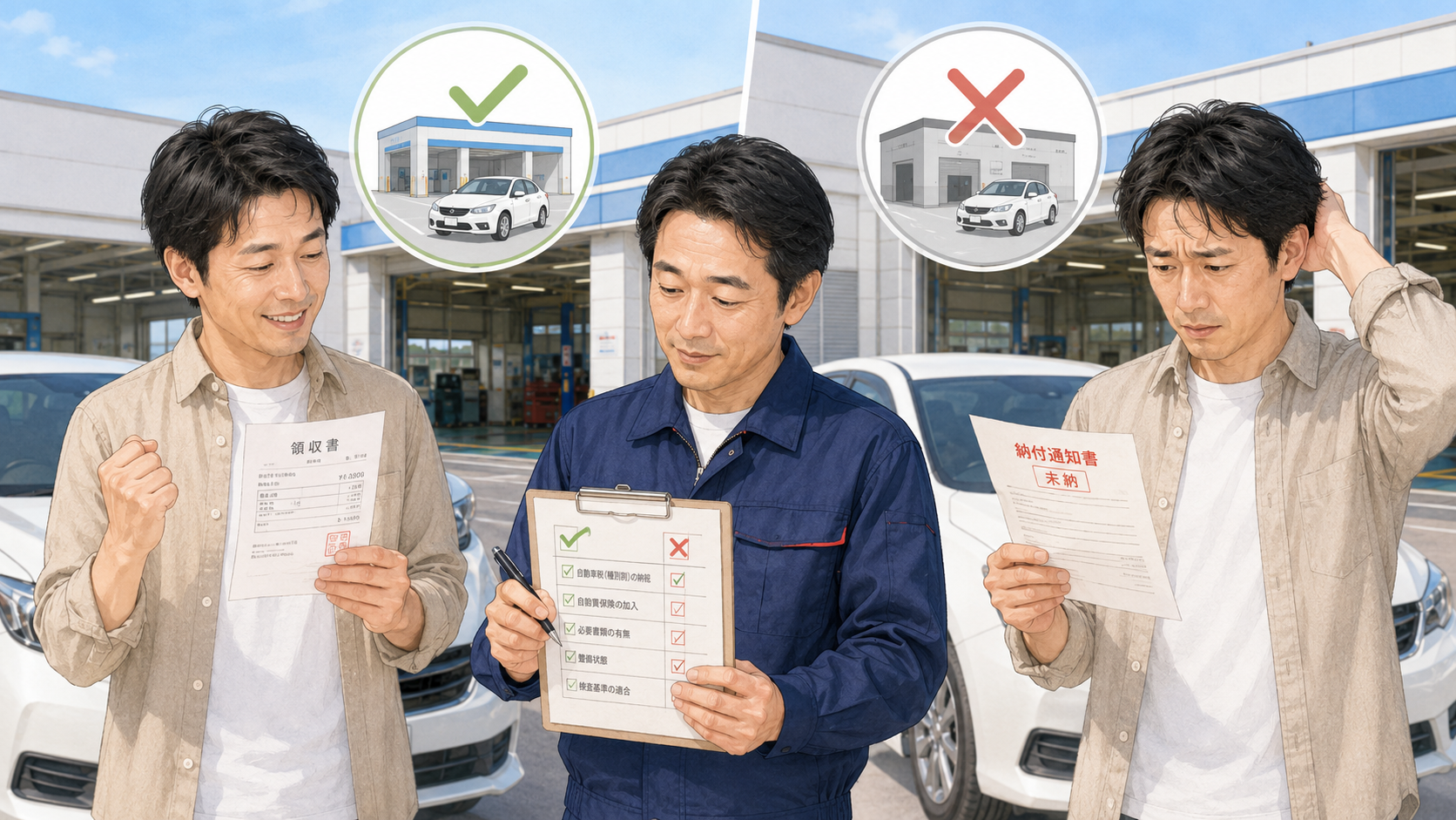 放置違反金の納付済みと未納で車検可否が分かれるケースを整備士が説明する場面