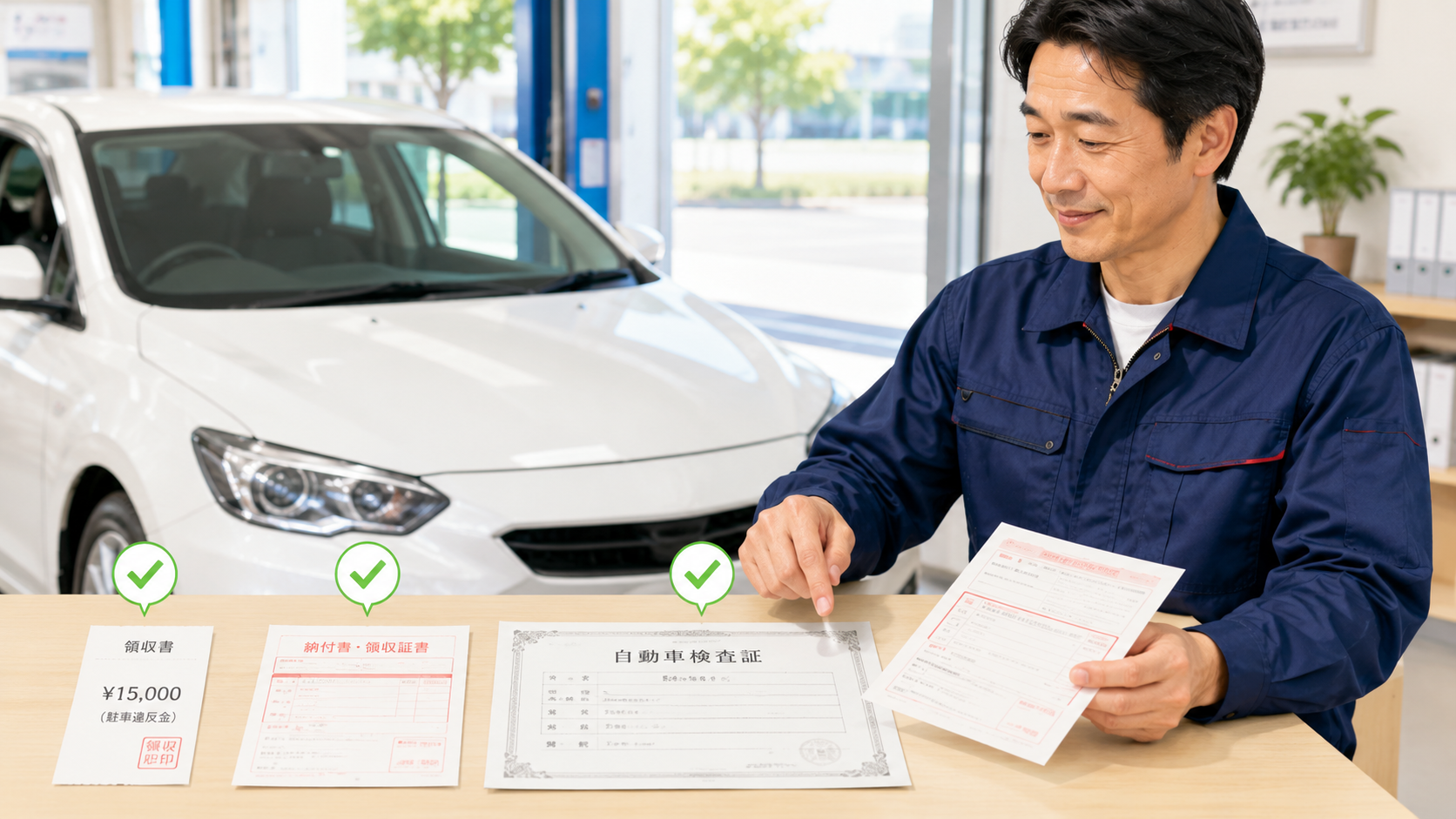 駐車違反金の領収書や納付書と車検証を確認する整備士