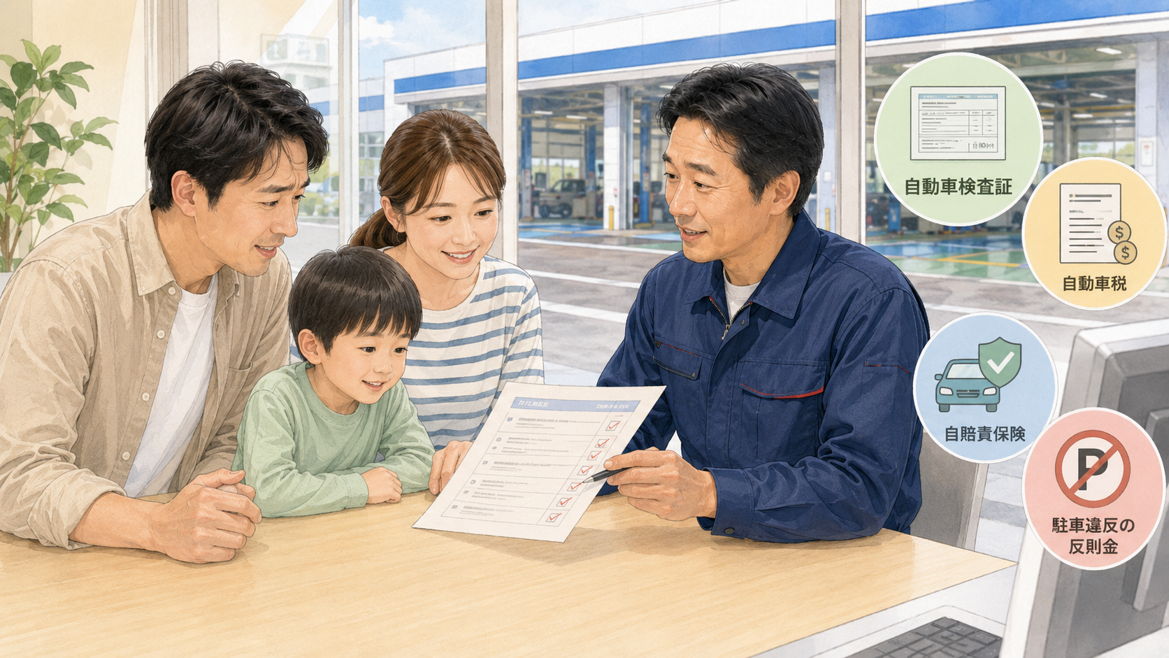 家族で車検前に自動車検査証や自動車税、自賠責保険、駐車違反の未納を確認する場面