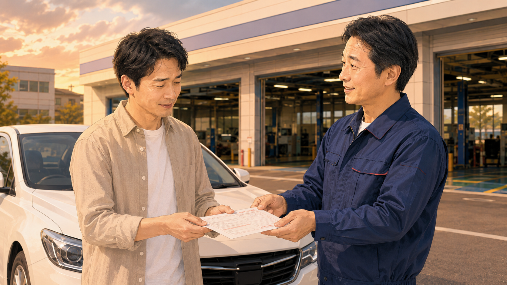 車検前に駐車違反の書類を整備士へ早めに相談して安心する男性