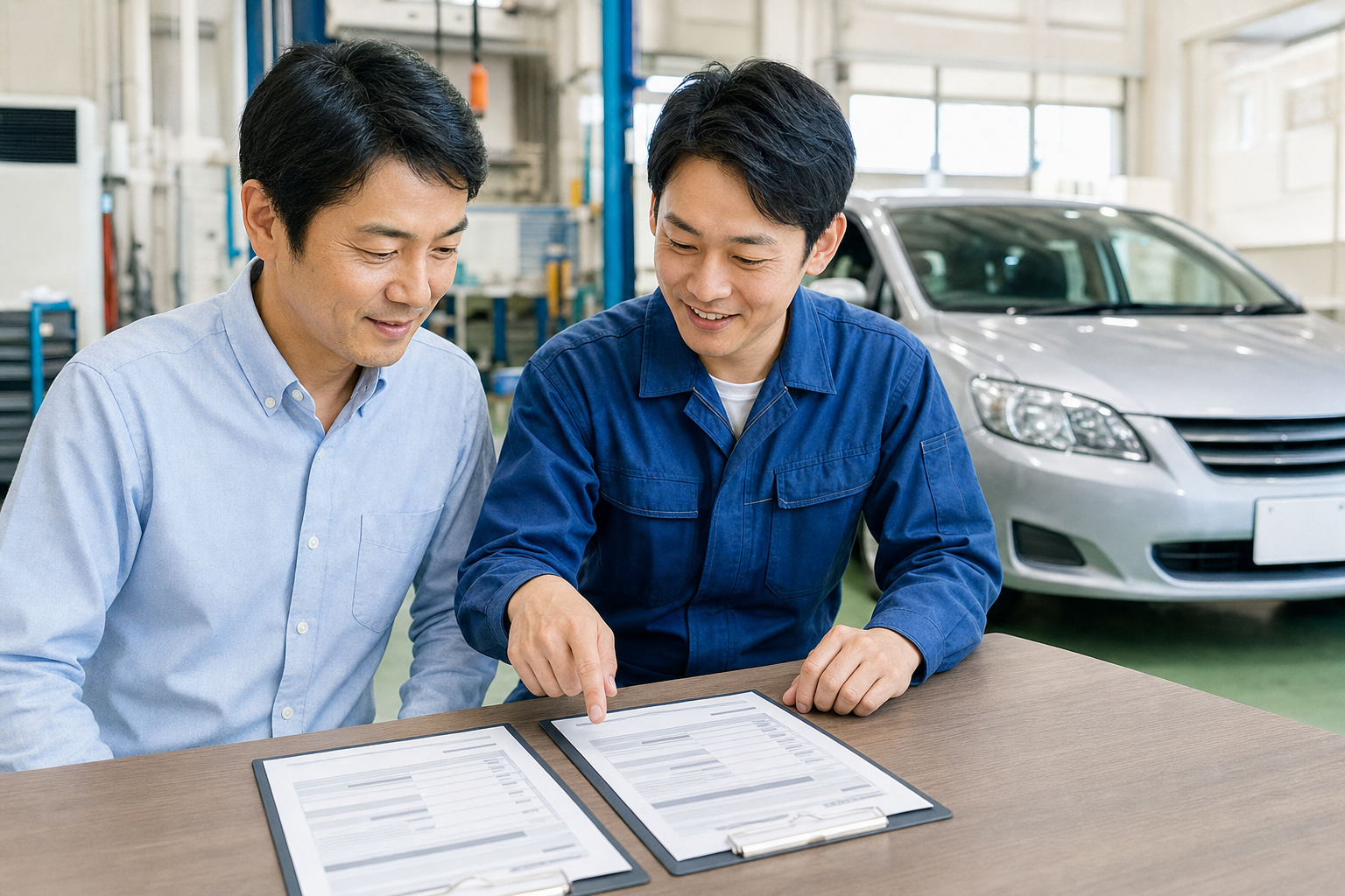 車検見積もりを比較しながら整備士と相談する車の所有者