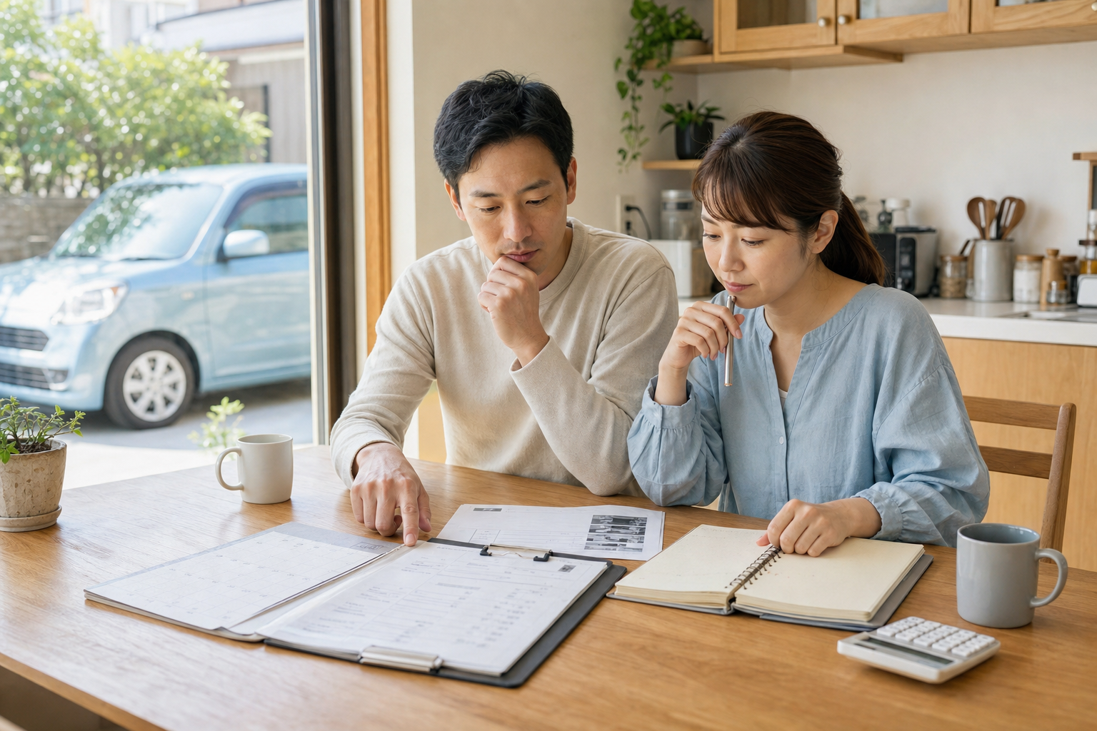 車検前に見積もりと家計の予定を確認する夫婦