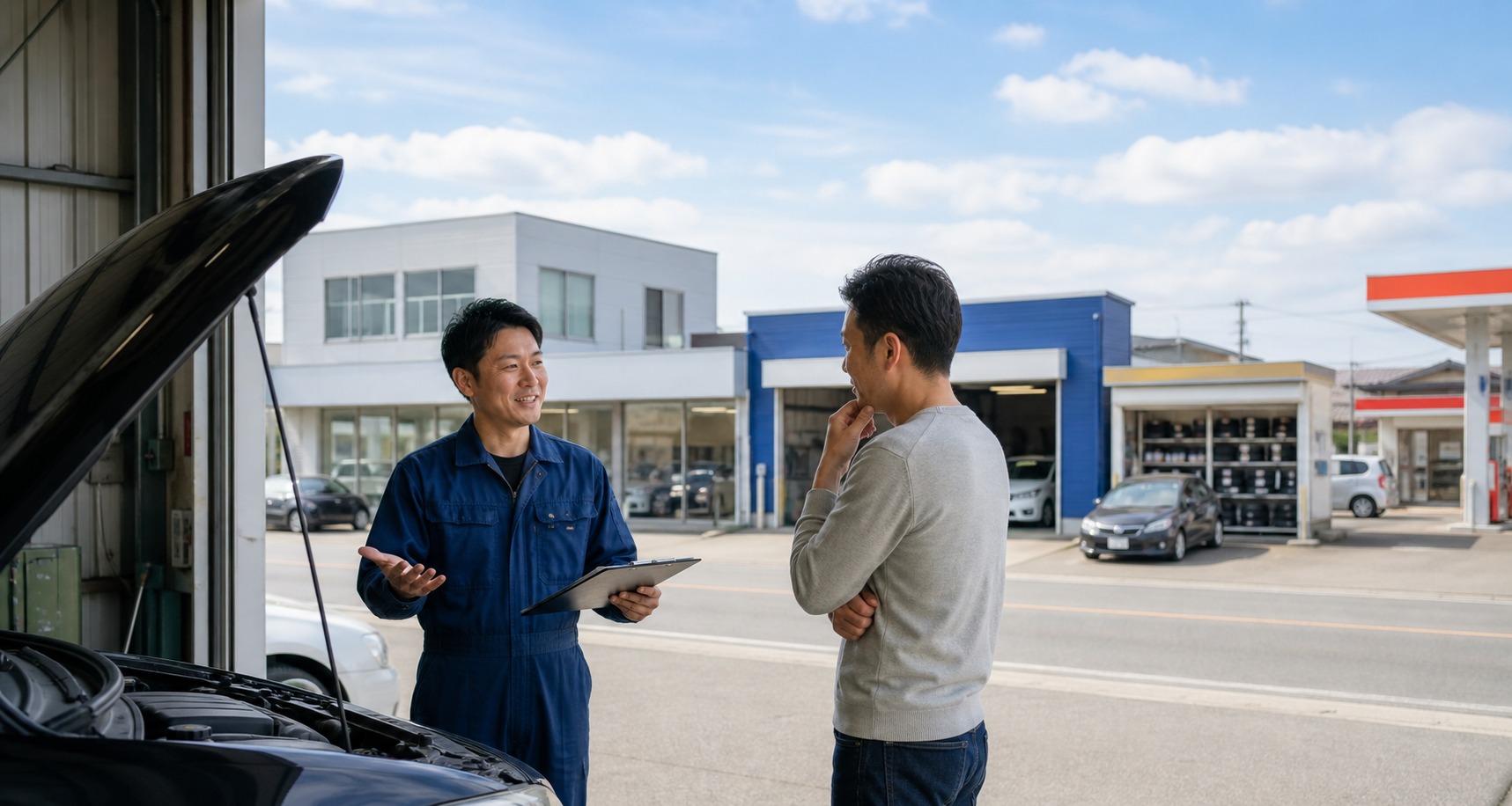 整備士と車検の依頼先を相談する車の所有者