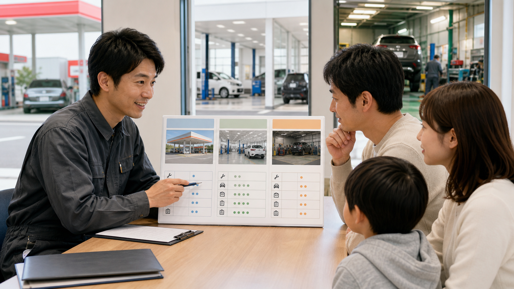 車検依頼先の違いを比較する家族