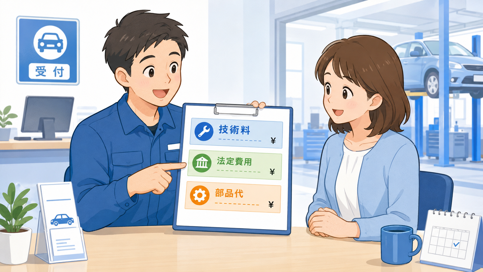 車検の受付で整備士が技術料、法定費用、部品代の違いを説明しているイラスト