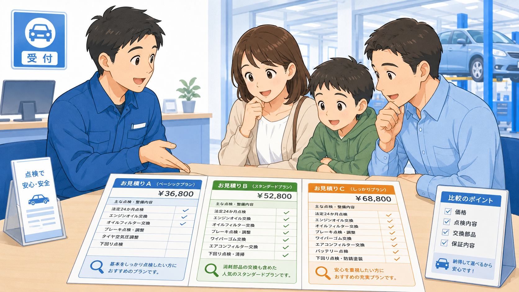 家族が整備士から複数の車検見積もりプランを説明され、価格や点検内容を比較しているイラスト