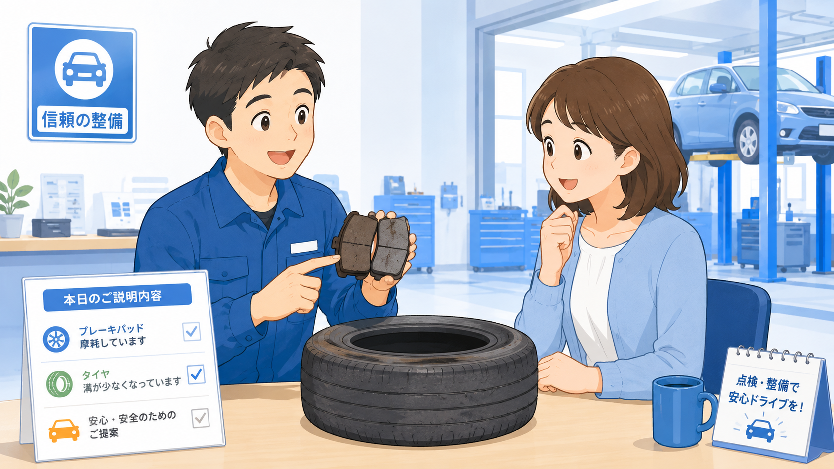 整備士がブレーキパッドとタイヤを見せながら必要な整備内容を説明しているイラスト