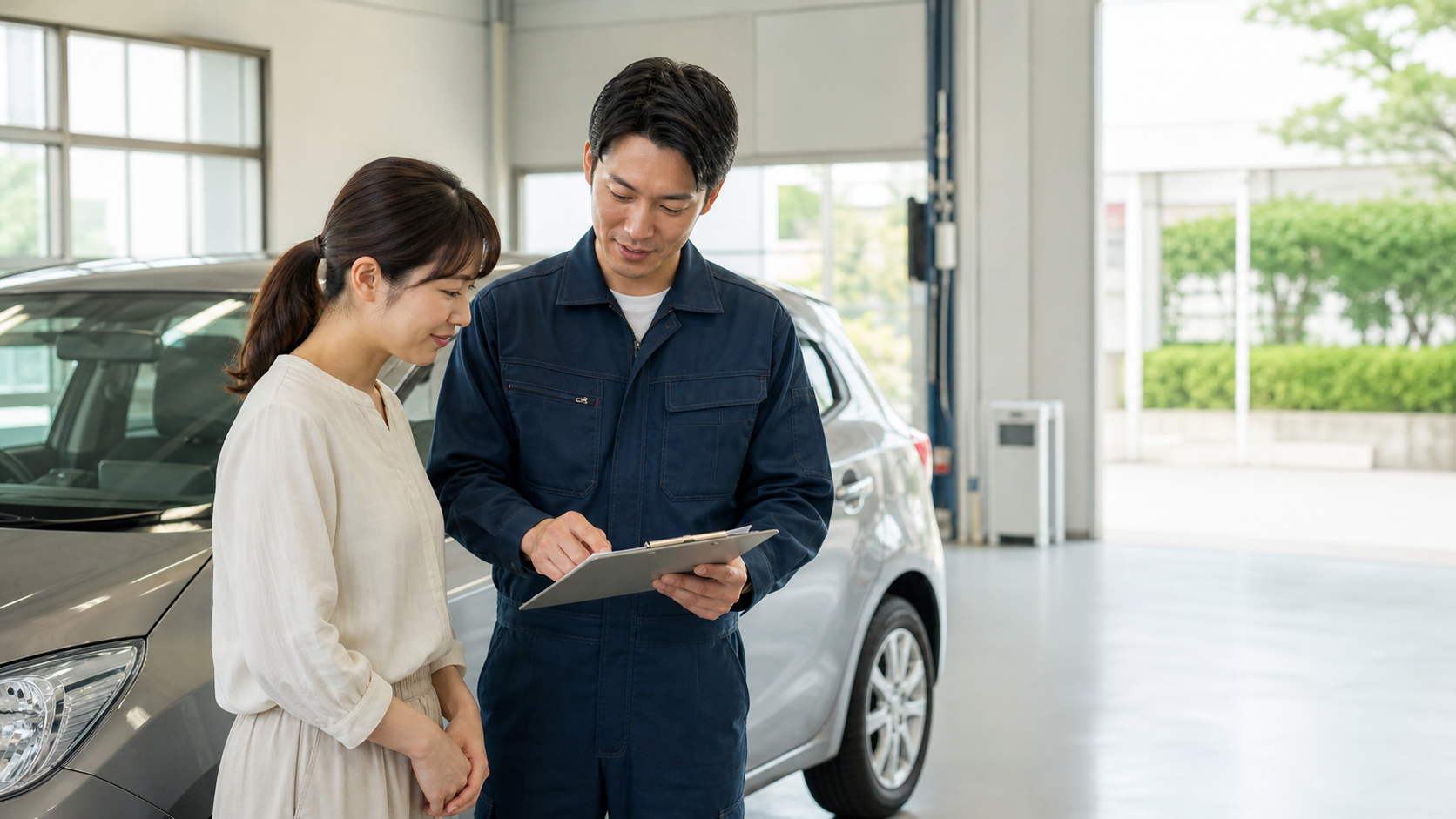 整備士と車検の見積もりを確認する車の所有者