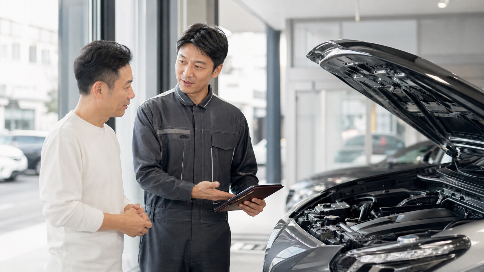 整備士へ車検の相談をする車の所有者