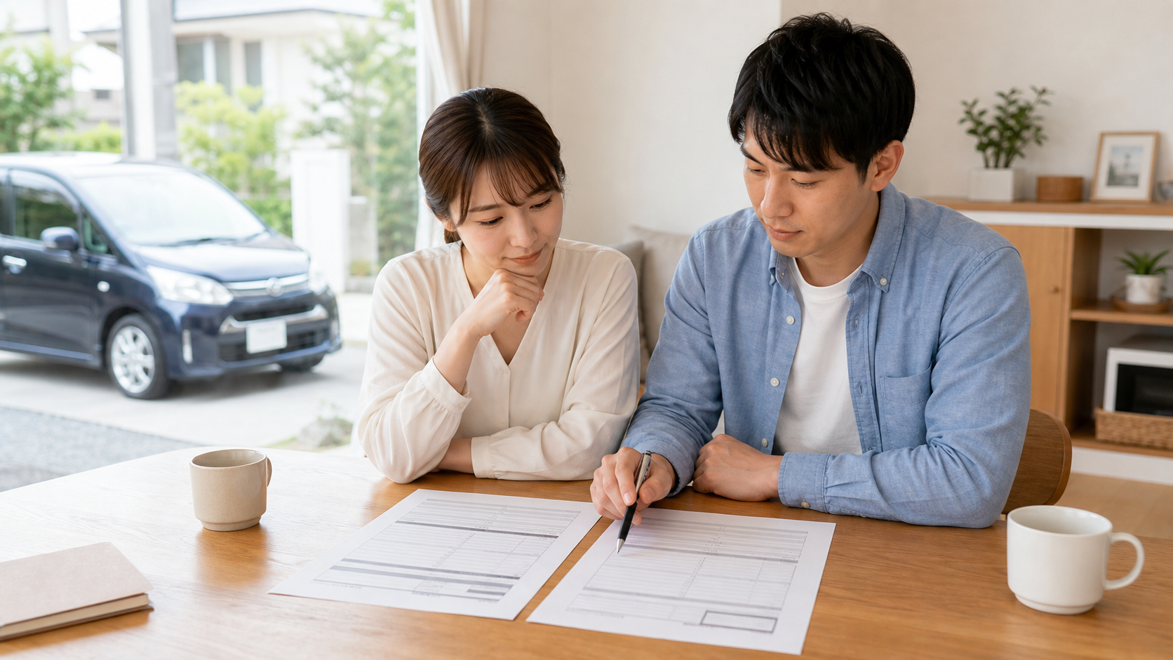複数の車検見積書を比較する夫婦