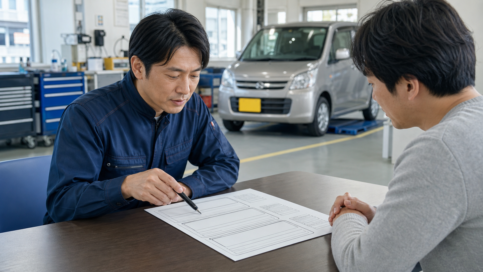 車検見積書の費用内訳を説明する整備士