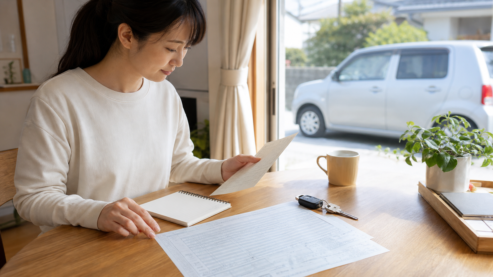 車検見積もり前に車検証とメモを準備する様子