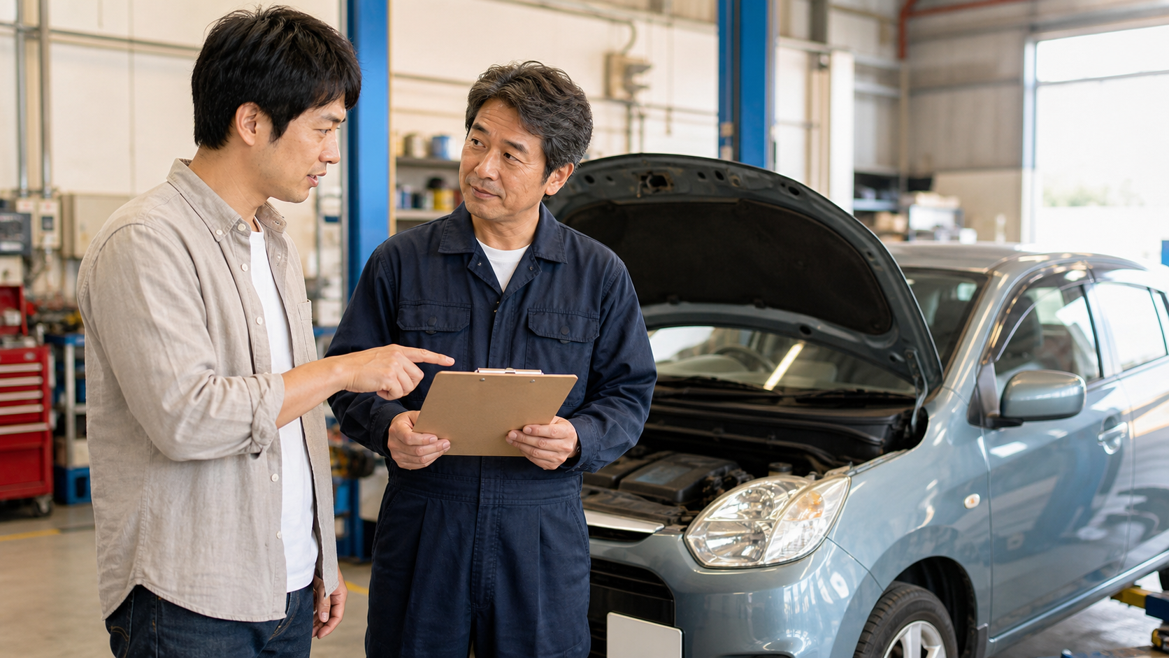 車の前で整備士と利用者が点検内容を相談している様子