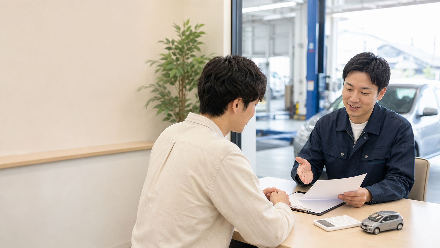 車検の見積書を整備士と利用者が確認している様子