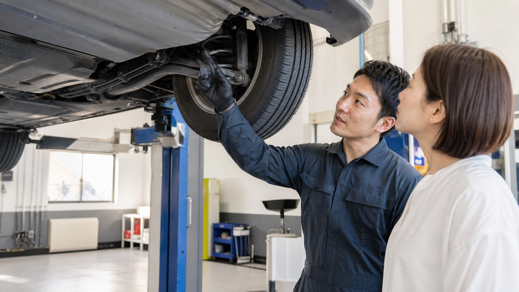 車の下回りを整備士が利用者へ立会い説明している様子