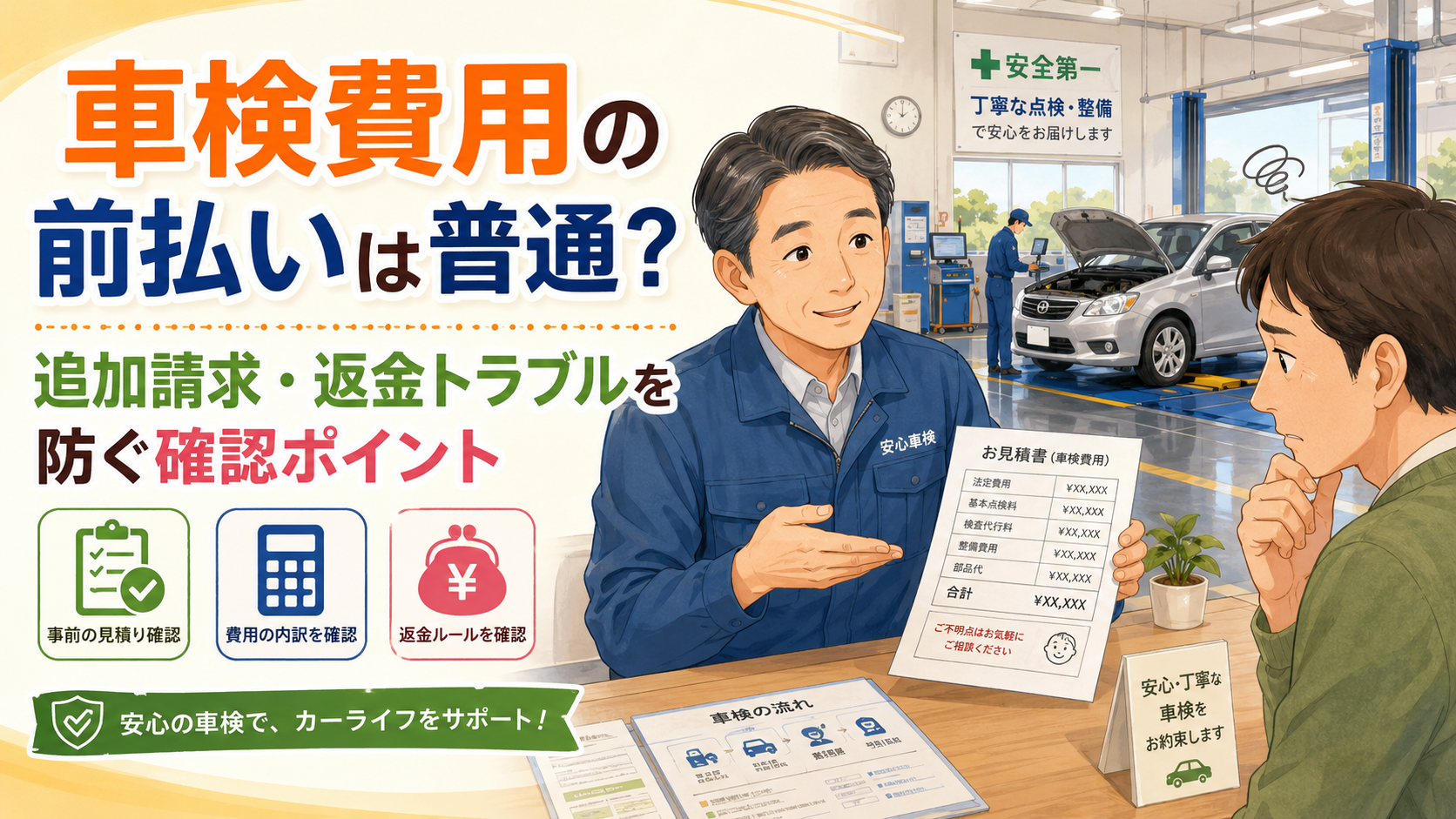 車検費用の前払いは普通？追加請求・返金トラブルを防ぐ確認ポイントのアイキャッチ画像