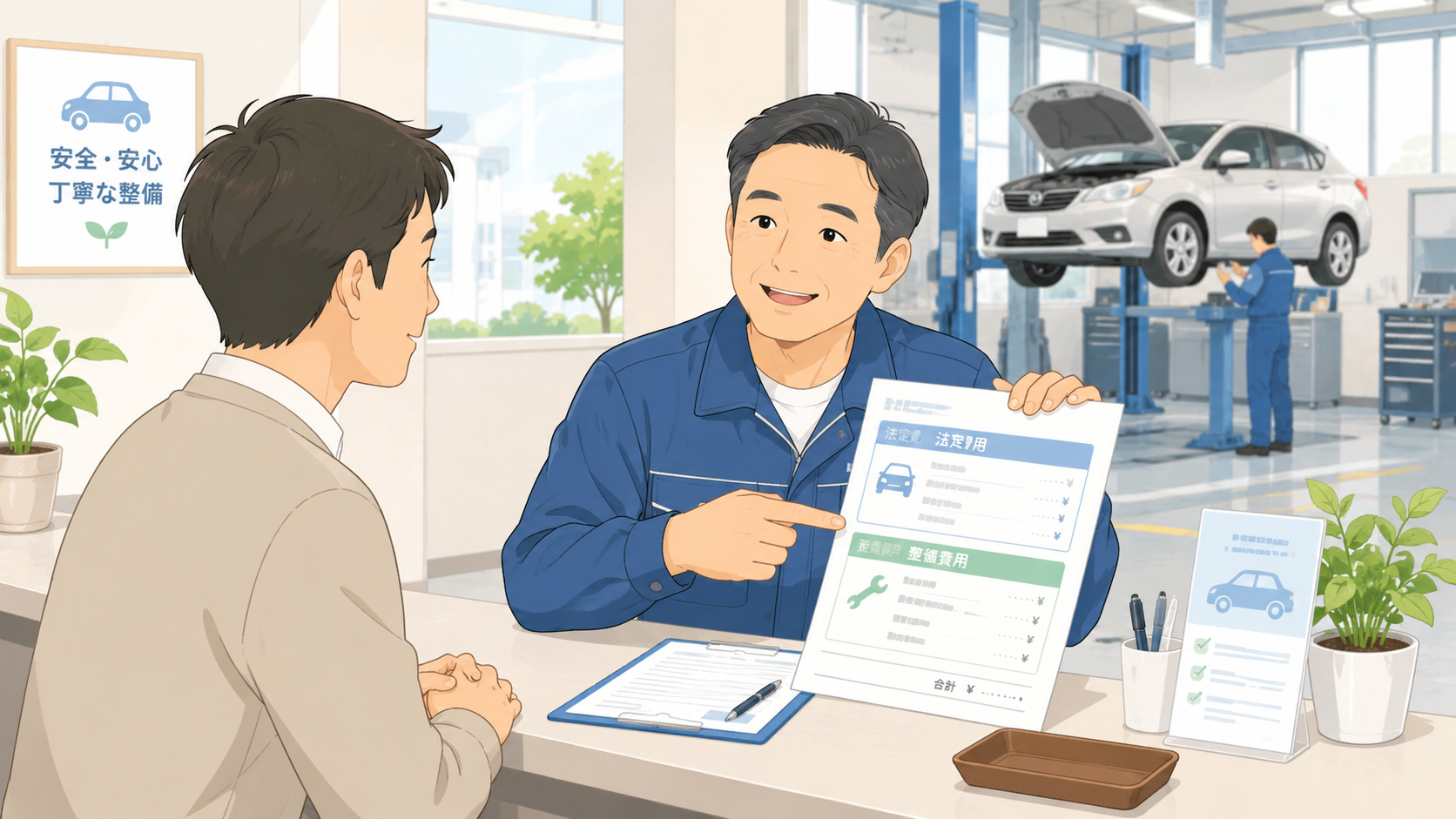 車検費用の前払いについて整備士が見積書を説明しているイラスト