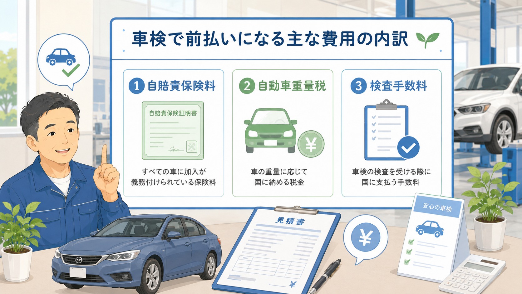 車検で前払いになる自賠責保険料、自動車重量税、検査手数料の内訳を示したイラスト