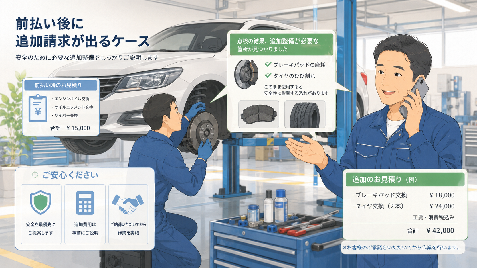 前払い後に追加整備が必要になり追加請求が出るケースを説明するイラスト