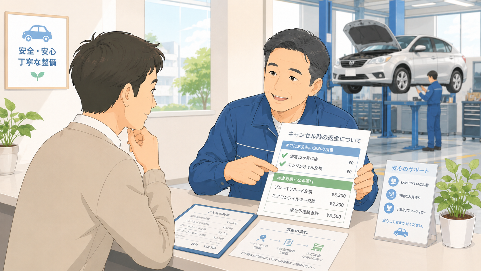 車検をキャンセルしたときの返金条件を整備士に確認しているイラスト