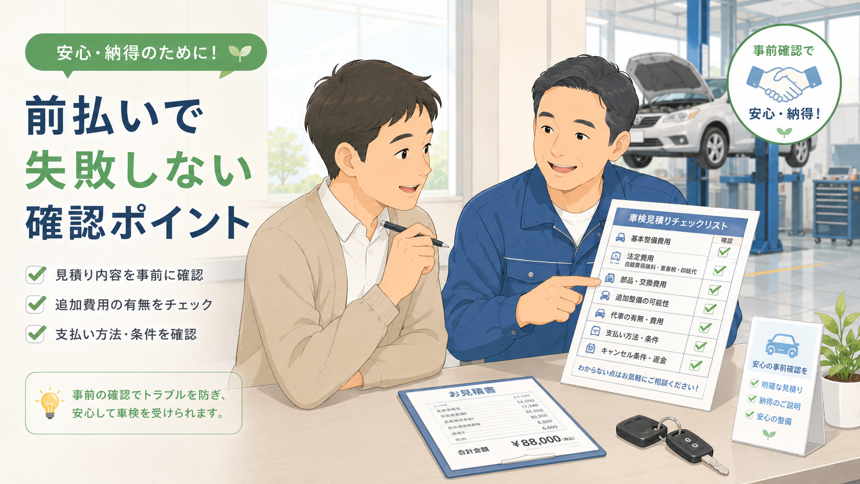 車検費用の前払いで失敗しないための見積書チェックポイントを確認するイラスト