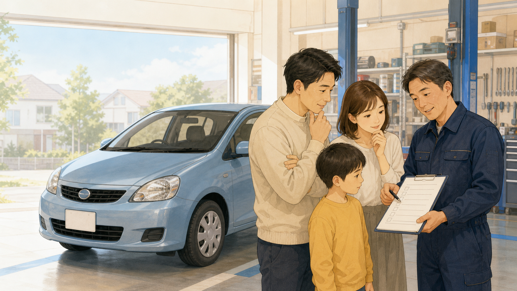 車の状態と乗り続ける年数を整備士へ相談する家族