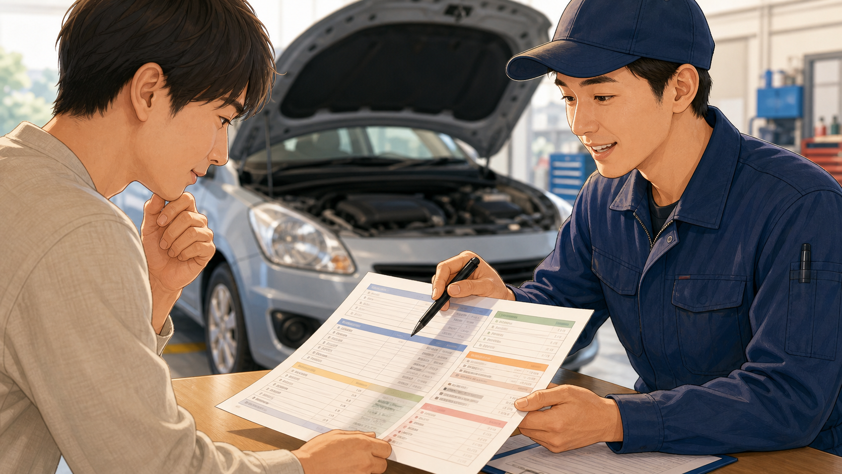 車検見積もりの内訳を説明する整備士