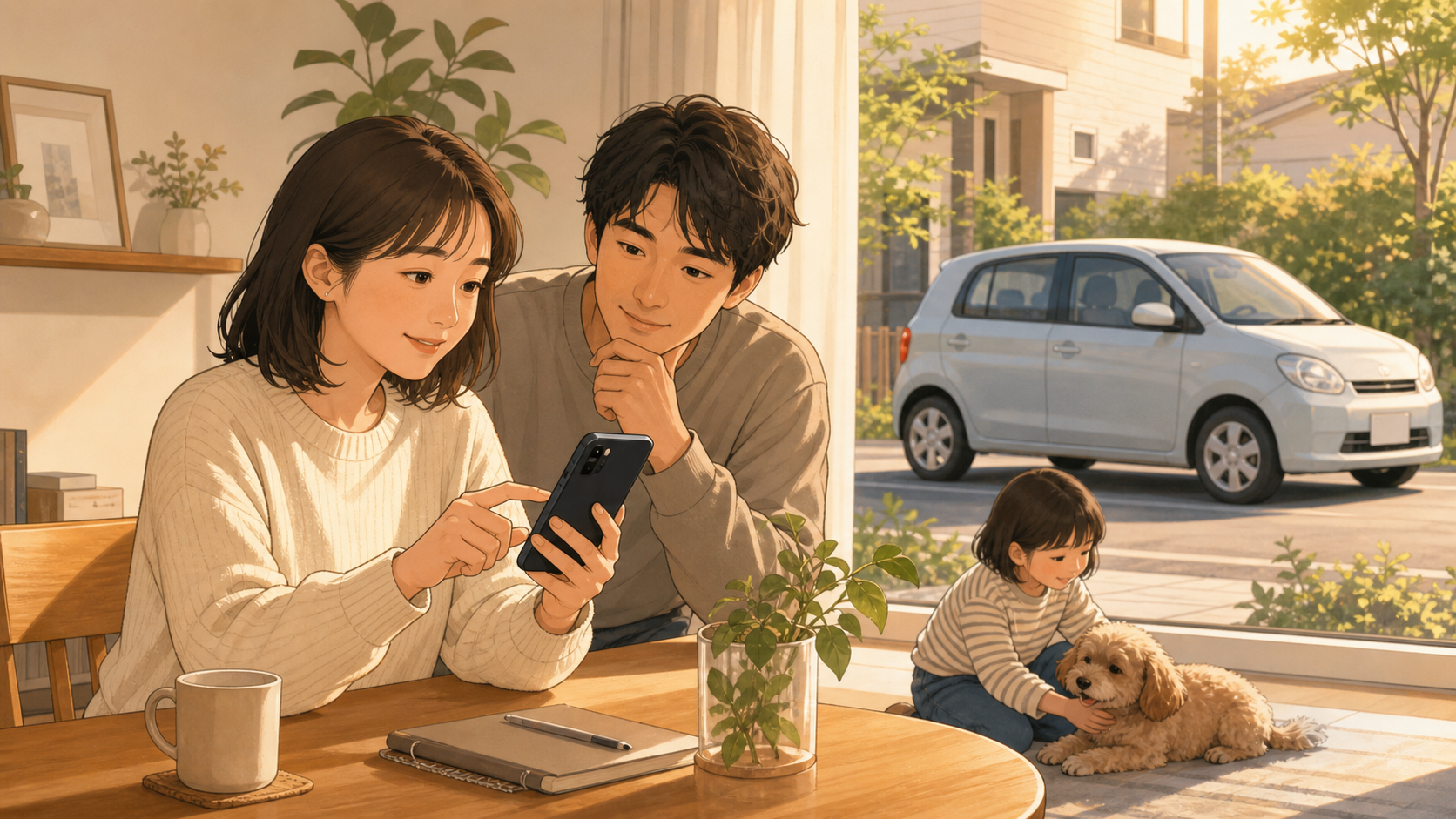 車検予約前に最終確認をする家族