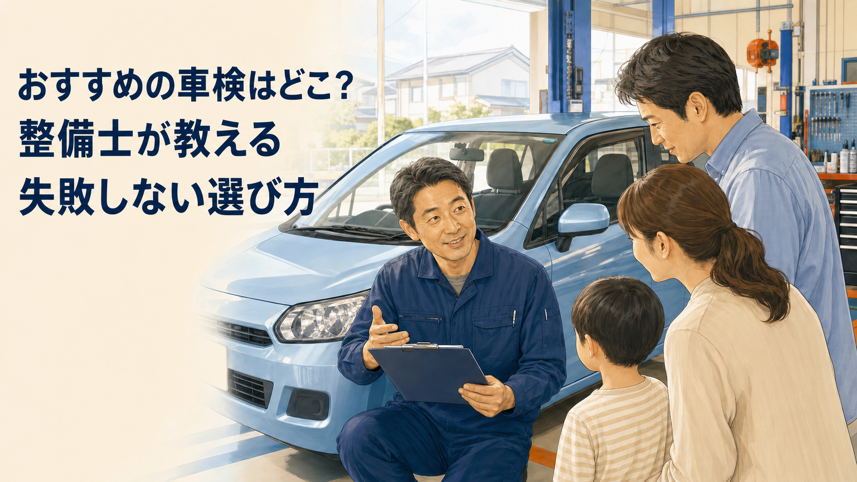 おすすめの車検を選ぶ家族と整備士