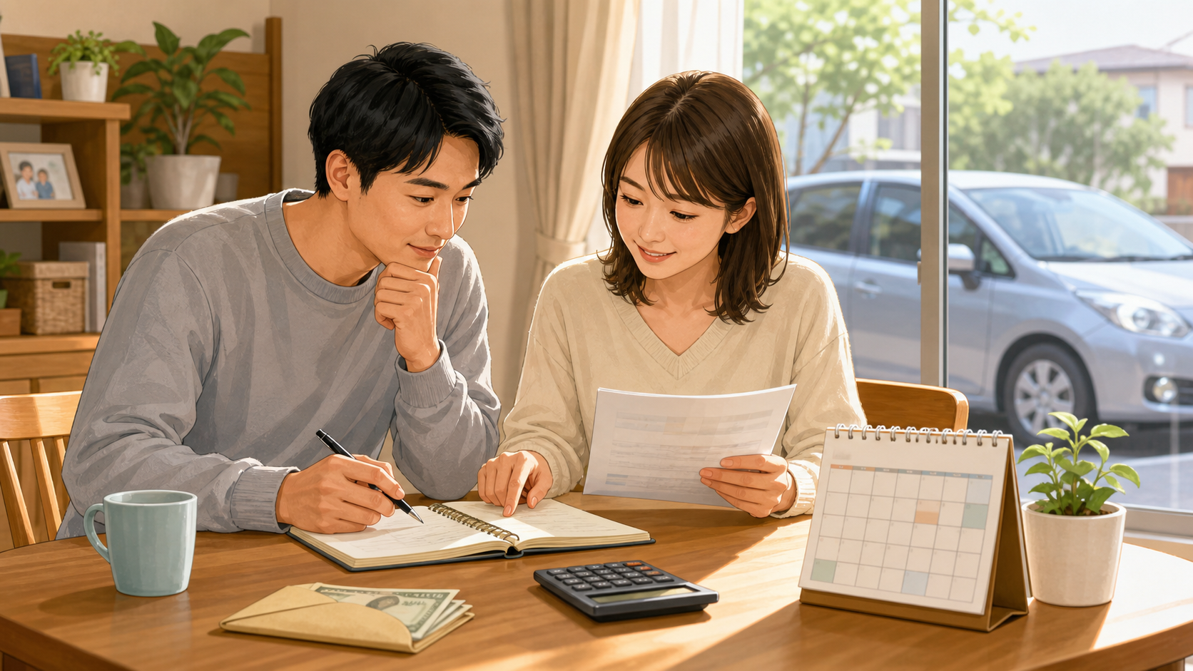 車検費用とボーナスの家計計画を夫婦で確認する様子