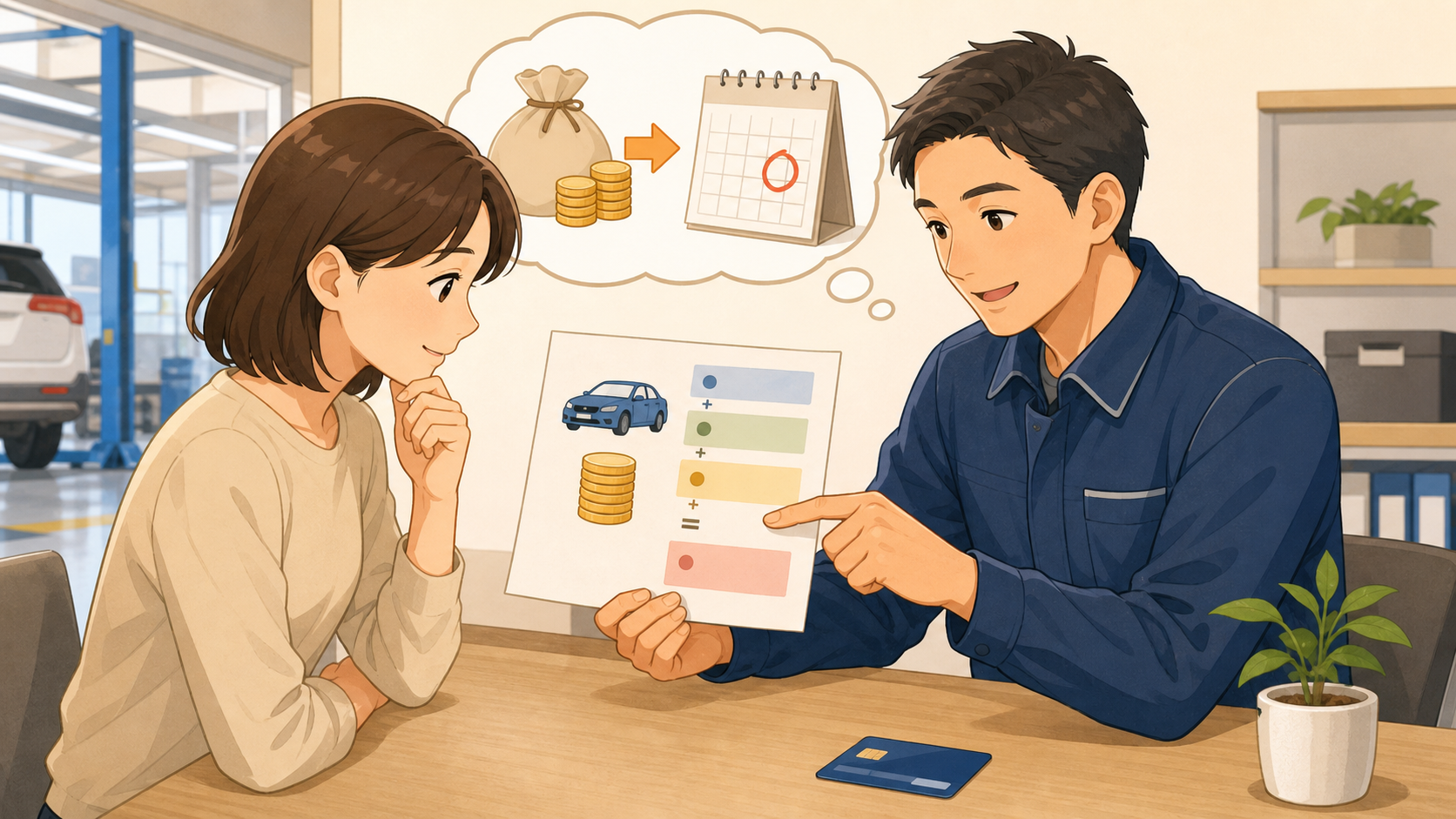 車検費用のボーナス一括払いの仕組みを整備士へ相談する様子