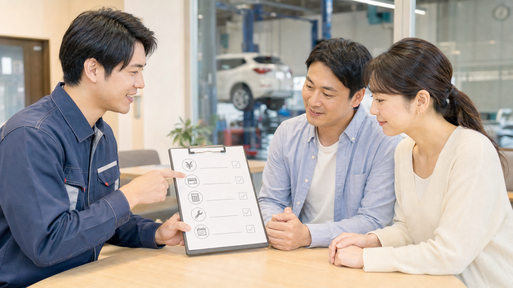 車検予約前に支払い条件を確認する家族と整備士