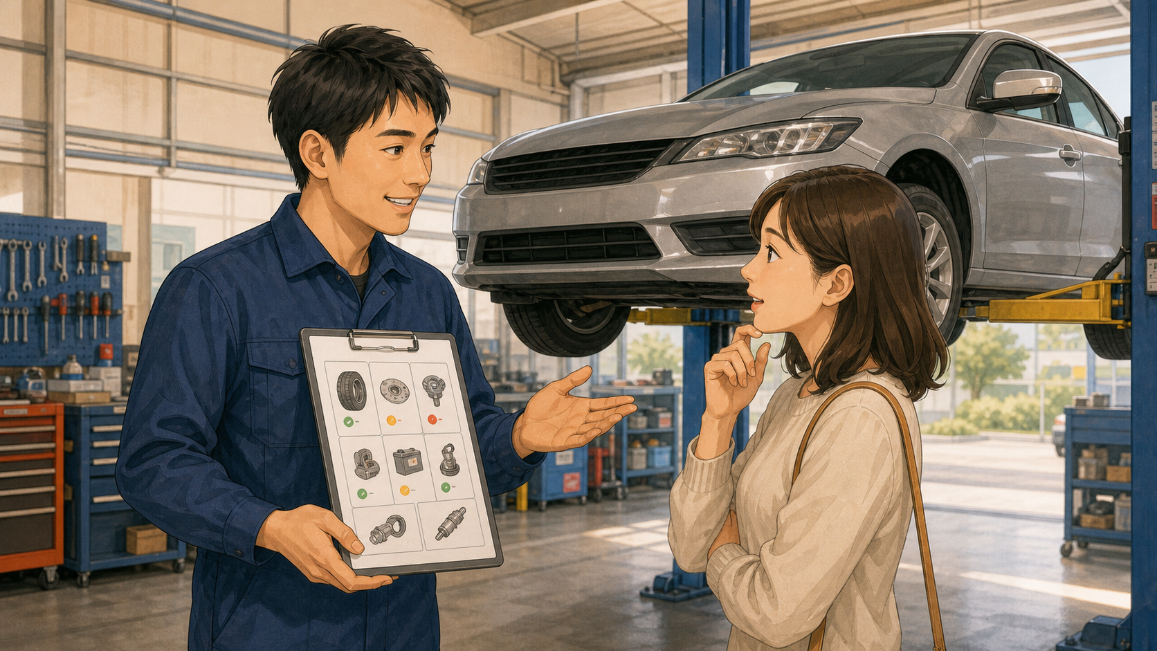 追加整備の内容を整備士へ確認する車の所有者