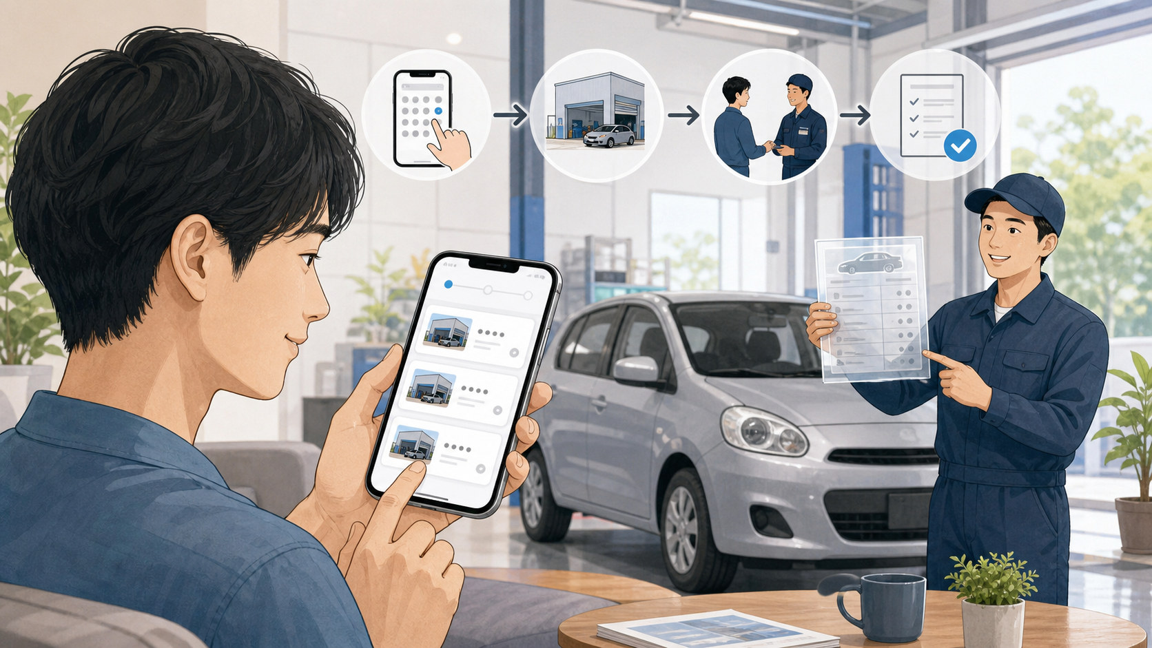 スマートフォンで車検予約から見積もり確認まで進める場面