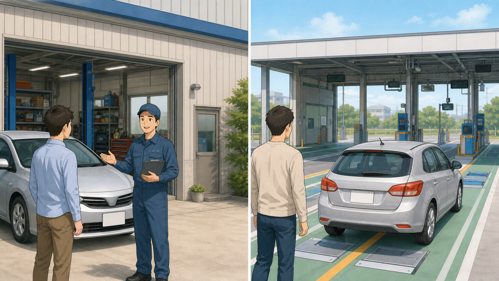 店舗への車検予約とユーザー車検の違いを示すイラスト