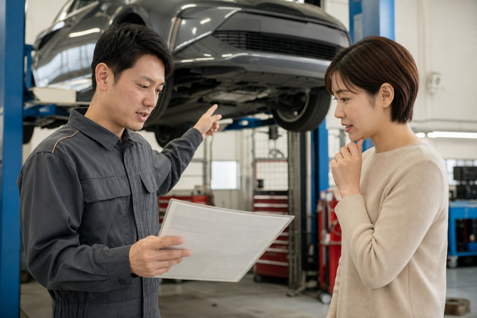 リフトアップした車を見ながら整備内容の説明を受ける利用者