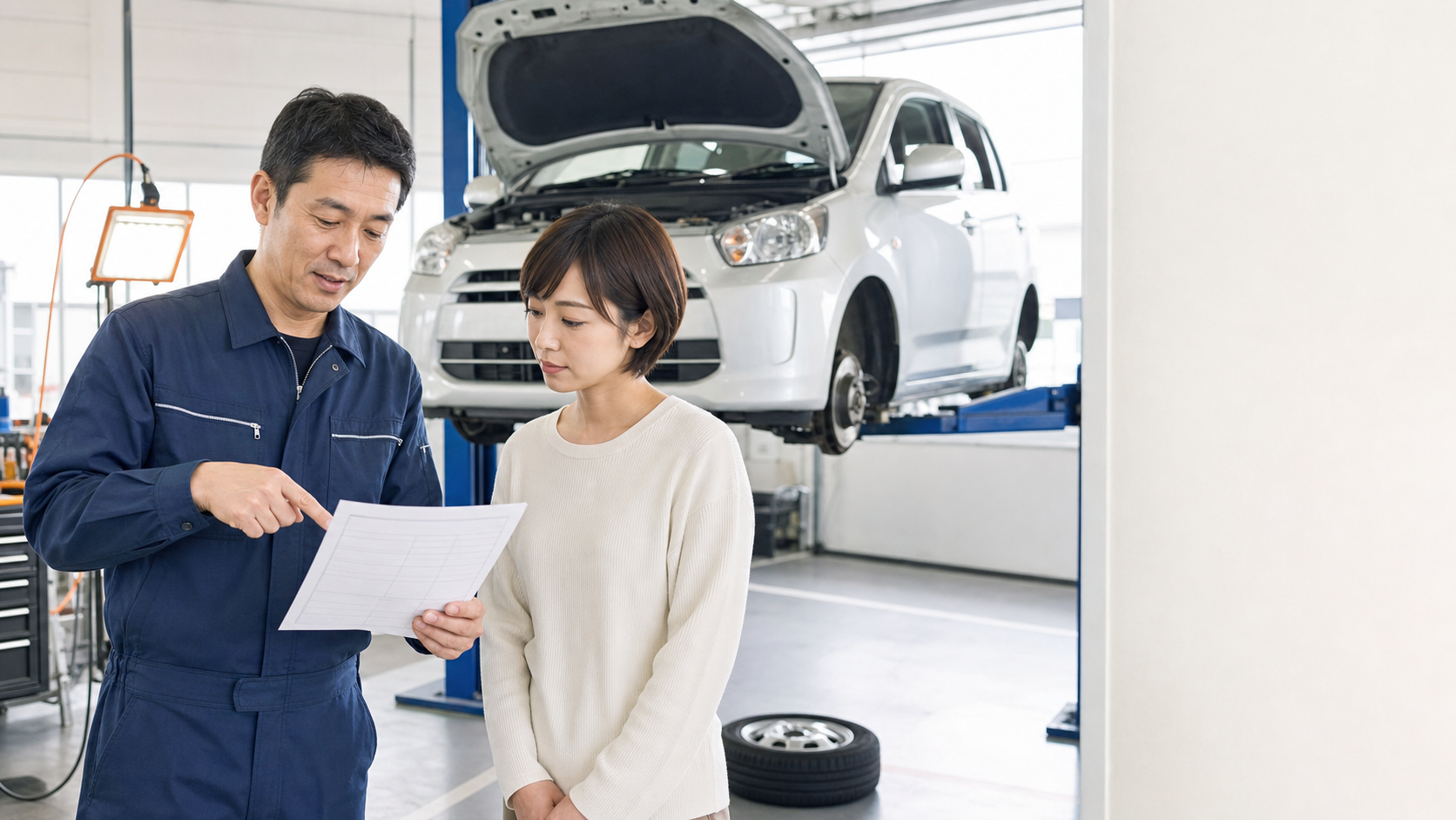 車検整備の見積もり内容を整備士と確認する利用者