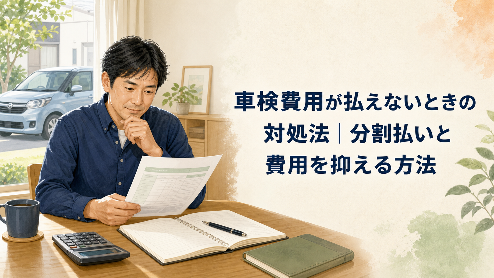 車検費用が払えないときに、見積書と家計を確認する男性