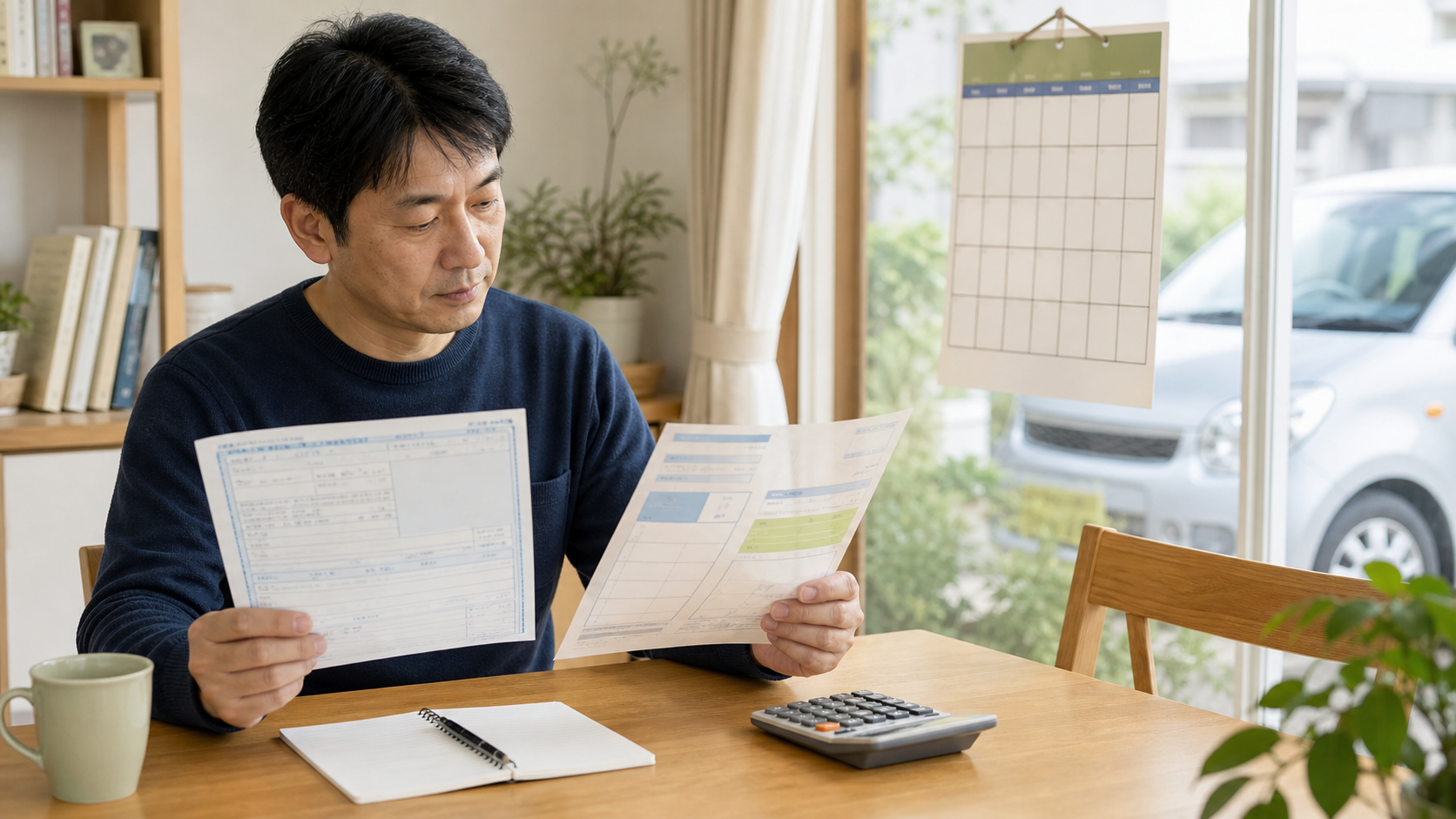 車検証と見積書を確認し、満了日と費用の内訳を整理する男性